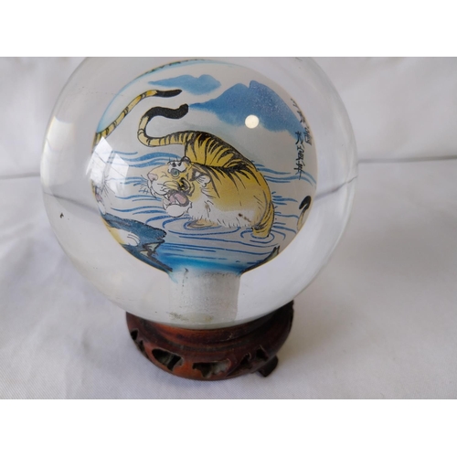 121 - vintage Chinese reverse painted glass globe with stand