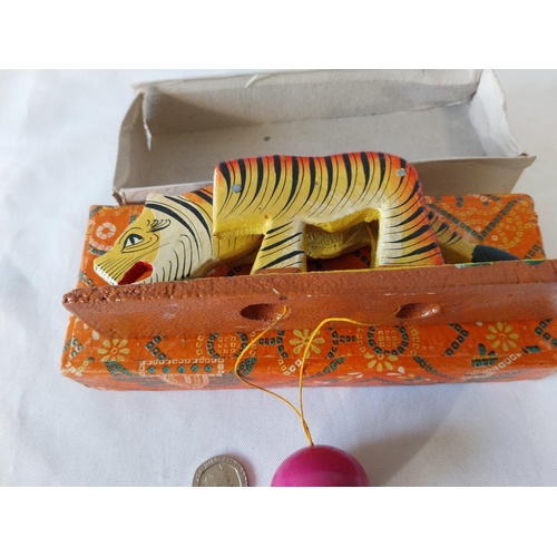 239 - vintage wooden tiger ball toy hand crafted boxed