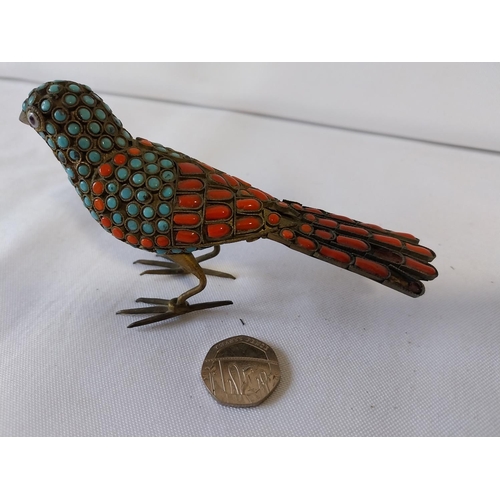 141 - antique Tibetan turquoise & red coral stone encrusted bird figure