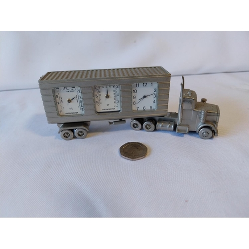 36 - diecast lorry desk toy with clock thermometer & hygrometer