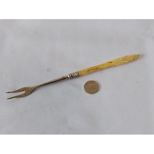 364 - HM Silver forked with bone handle pickle fork c1883