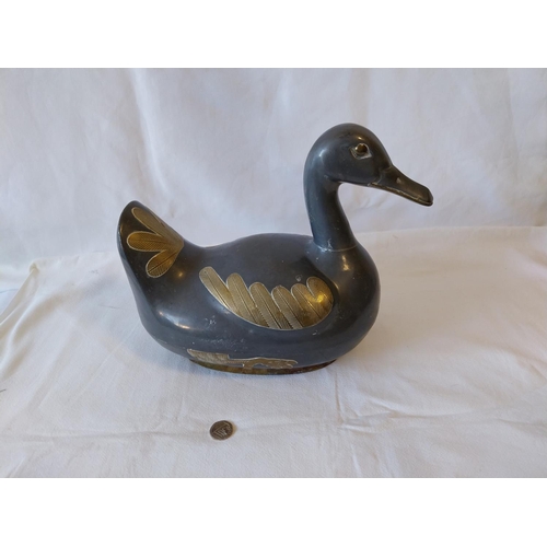 389 - mid 20th century large duck lidded dish pewter & brass detail 30x25cm 4kg