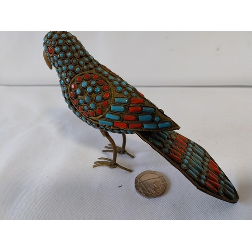 41 - antique Tibetan turquoise & red coral stone encrusted bird figure