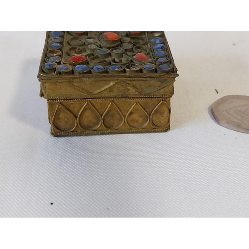 42 - antique Tibetan turquoise & red coral stone encrusted box