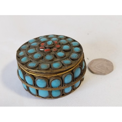 43 - antique Tibetan turquoise & red coral stone encrusted box