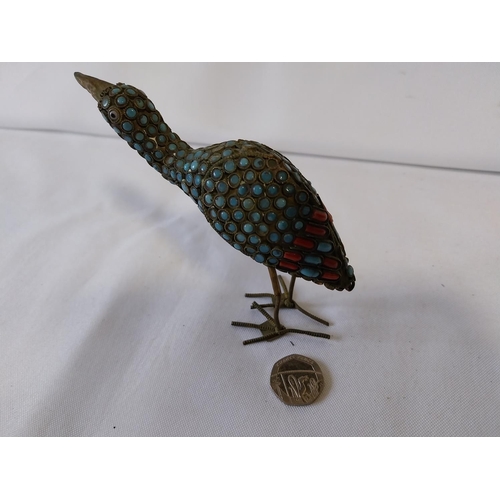 91 - antique Tibetan turquoise & red coral stone encrusted bird figure