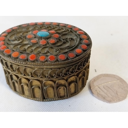 92 - antique Tibetan turquoise & red coral stone encrusted box