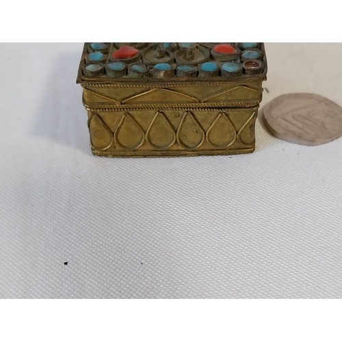 93 - antique Tibetan turquoise & red coral stone encrusted box