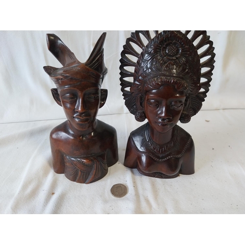 186 - 2 vintage Bali mahogany wood carved busts