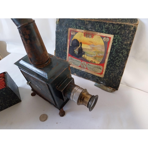 190 - antique Magic Lantern complete with burner lens & mixed slides