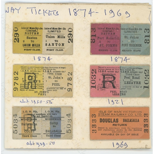 358 - A small lot of 12 Isle of Man Railway tickets, dating from 1874-1969. The tickets are attached to ca... 