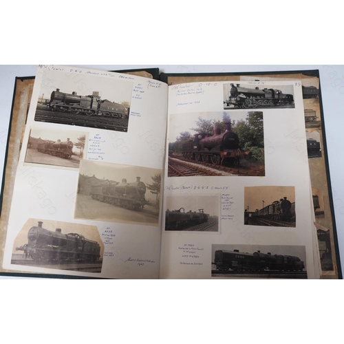 221 - An album of 73 pages of Steam locomotive prints, postcards and prints cut out of magazines. The pict... 