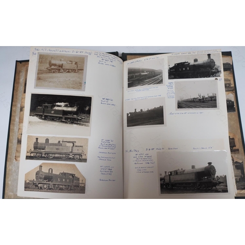 221 - An album of 73 pages of Steam locomotive prints, postcards and prints cut out of magazines. The pict... 