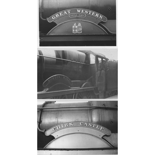 42 - Steam locomotive nameplates. Approx. 100, black and white postcard sized prints. A few colour prints...