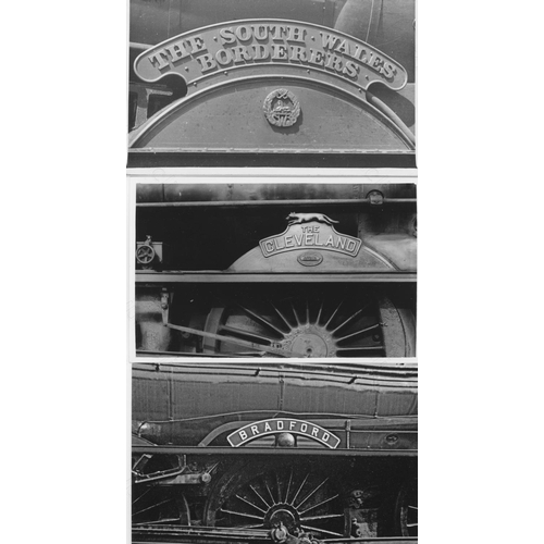 42 - Steam locomotive nameplates. Approx. 100, black and white postcard sized prints. A few colour prints...