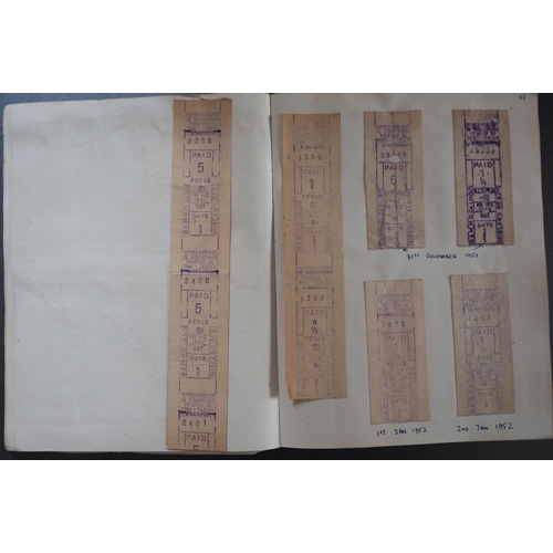 43 - Tickets. An old scrapbook album of transport tickets, dated 1958.
The album has some foxing to the p... 