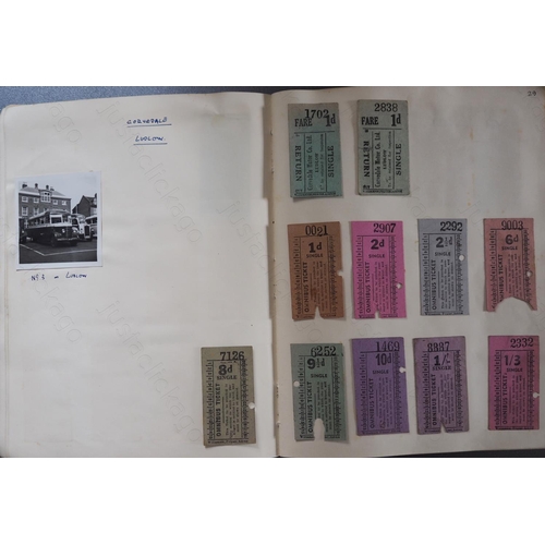 43 - Tickets. An old scrapbook album of transport tickets, dated 1958.
The album has some foxing to the p... 