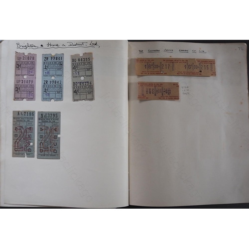 43 - Tickets. An old scrapbook album of transport tickets, dated 1958.
The album has some foxing to the p... 