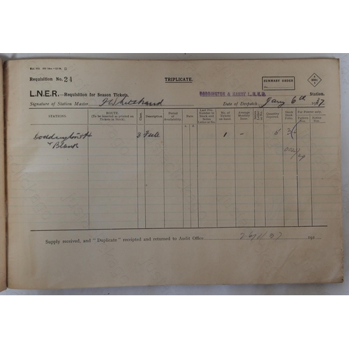 227 - Railway. Paper Railwayana. 2 x L.N.E.R. hardback book ledgers.
The first is a Season Ticket Requisit... 