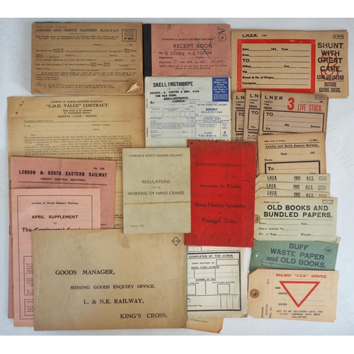 238 - Railway. Paper Railwayana. An assortment of L.N.E.R. paperwork. Includes wagon labels, Instructions ... 