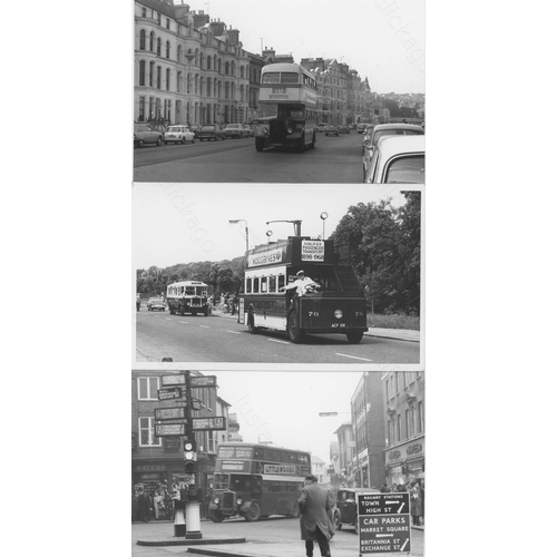 240 - U.K. Bus, trolleybus and a couple of tram subjects. Approx. 100, black and white postcard size print... 