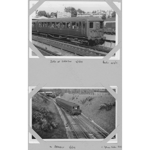 335 - Railway. A box of approx. 550 black and white prints and postcards, attached (not glued) to A4 sized... 