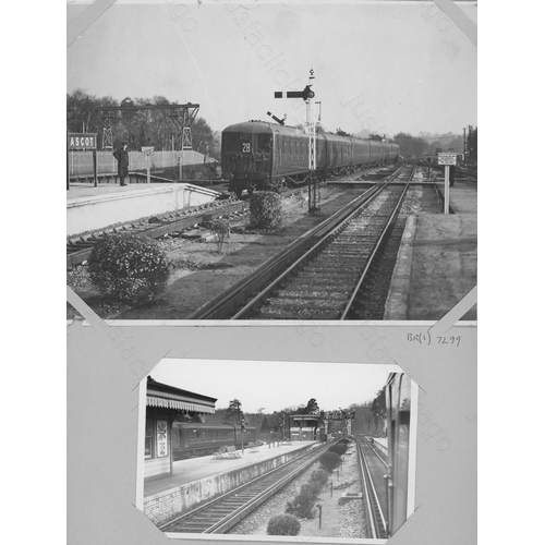 335 - Railway. A box of approx. 550 black and white prints and postcards, attached (not glued) to A4 sized... 