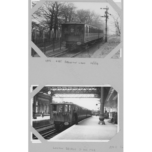 335 - Railway. A box of approx. 550 black and white prints and postcards, attached (not glued) to A4 sized... 