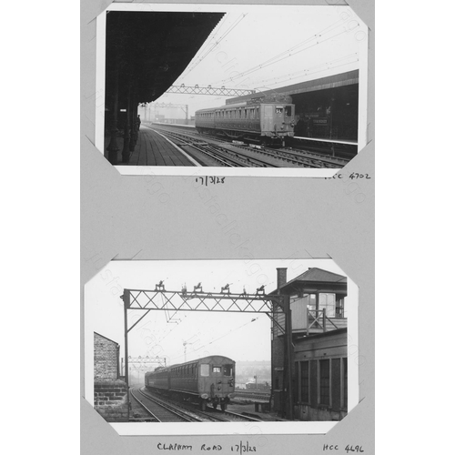 335 - Railway. A box of approx. 550 black and white prints and postcards, attached (not glued) to A4 sized... 