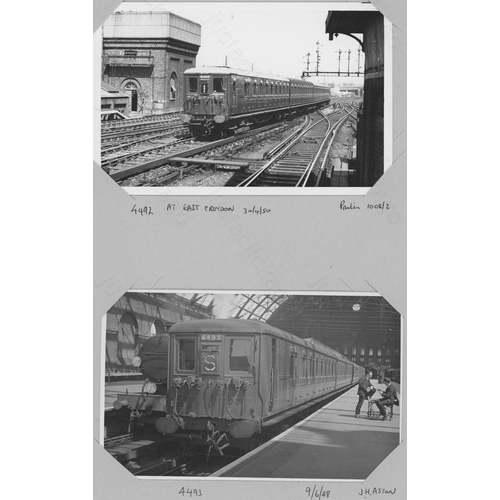 335 - Railway. A box of approx. 550 black and white prints and postcards, attached (not glued) to A4 sized... 