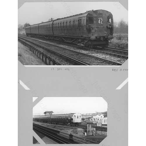 335 - Railway. A box of approx. 550 black and white prints and postcards, attached (not glued) to A4 sized... 