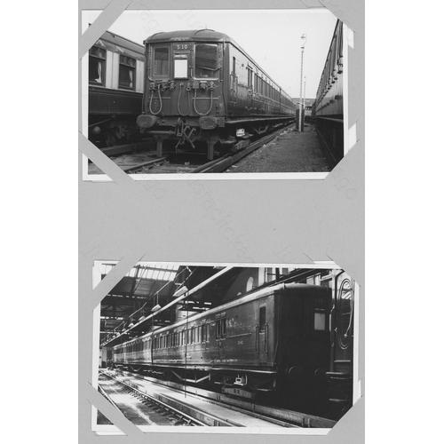 335 - Railway. A box of approx. 550 black and white prints and postcards, attached (not glued) to A4 sized... 