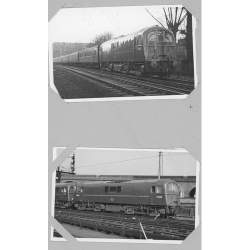 335 - Railway. A box of approx. 550 black and white prints and postcards, attached (not glued) to A4 sized... 