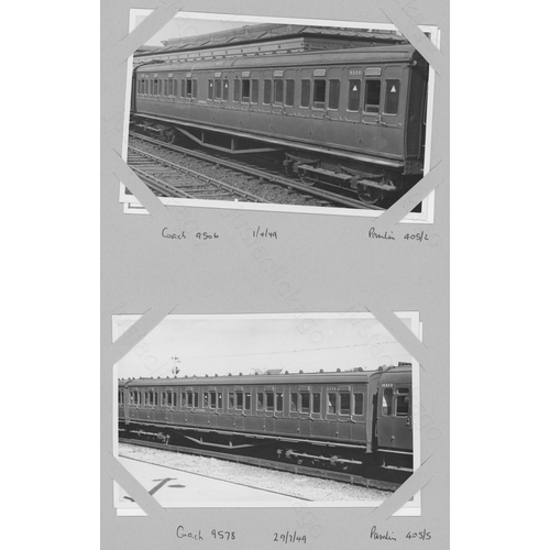 335 - Railway. A box of approx. 550 black and white prints and postcards, attached (not glued) to A4 sized... 