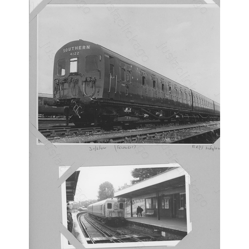 335 - Railway. A box of approx. 550 black and white prints and postcards, attached (not glued) to A4 sized... 