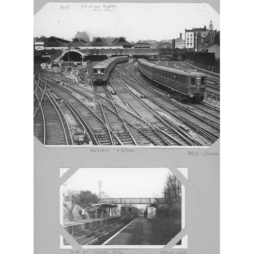 335 - Railway. A box of approx. 550 black and white prints and postcards, attached (not glued) to A4 sized... 