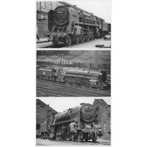 370 - Railway. BR Steam. A fine collection of 100+ black and white, postcard size prints of BR standard st... 