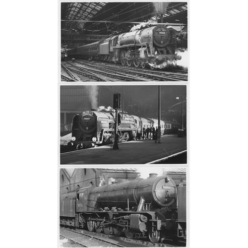 370 - Railway. BR Steam. A fine collection of 100+ black and white, postcard size prints of BR standard st... 