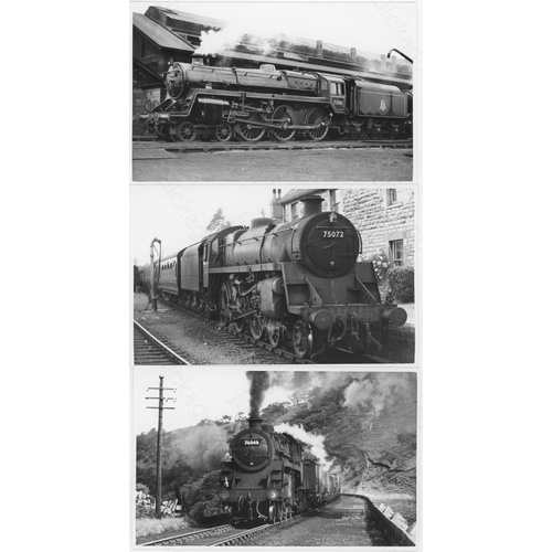 370 - Railway. BR Steam. A fine collection of 100+ black and white, postcard size prints of BR standard st... 