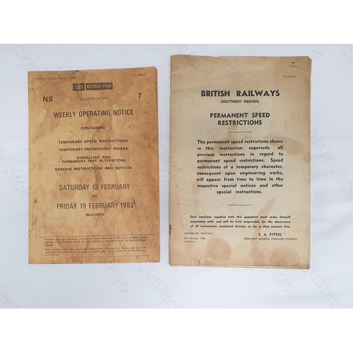 147 - Railway. Two B.R. notices. 
1. Southern Region, Permanent Speed Restrictions. 1958. 43 pages.
2. Eas... 