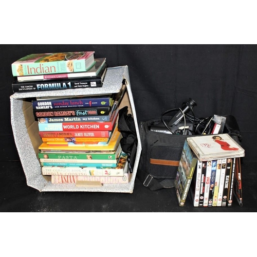 101 - @BOX COOKERY BOOKS, QUANTITY DVDs, SANYO VIDEO CAMERA IN CASE, QUANTITY CABLES ETC