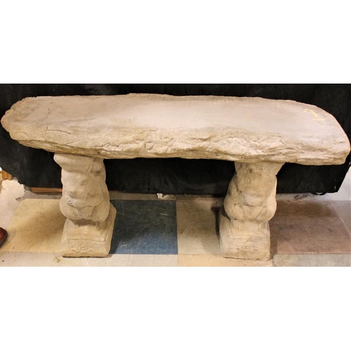 112 - LARGE STONEWORK STRAIGHT TIMBER DESIGN SEAT ON SQUIRREL PLINTHS