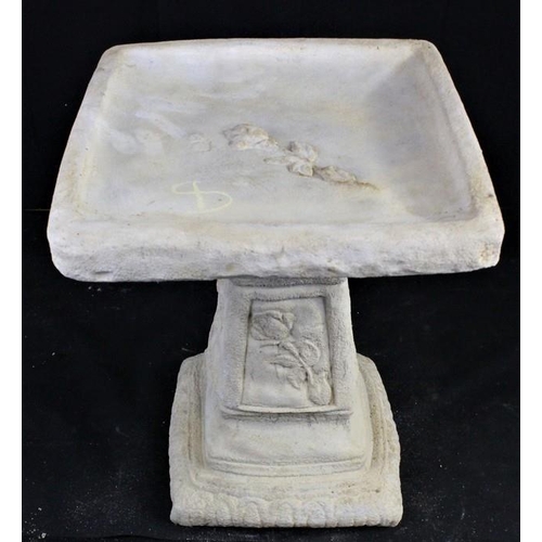 124 - SQUARE STONEWORK CLASSICO BIRD BATH ADORNED WITH A ROSE (50cm x 40cm)