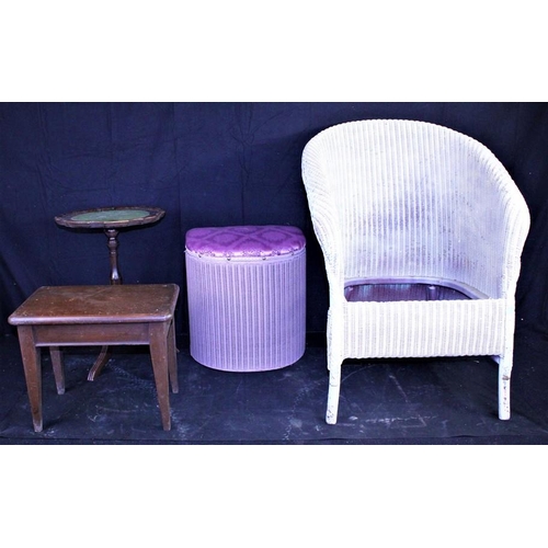 132 - SIDE TABLE ON BARLEY TWIST, WICKER CHAIR - NO SEAT, SMALL TABLE, WINE TABLE & WICKER LINEN BOX