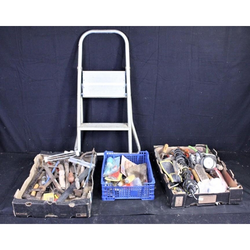 134 - 3 TRAYS OF MISC - TOOLS & SMALL SET OF STEPS