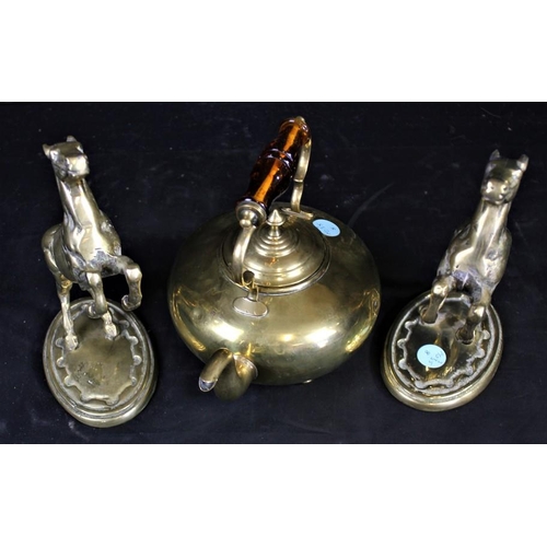 202 - BRASS TEAPOT & PAIR BRASS HORSES