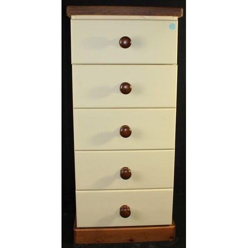 209 - 5 DRAWER CREAM WITH PINE TOP NARROW CHEST (98cm x 44cm)