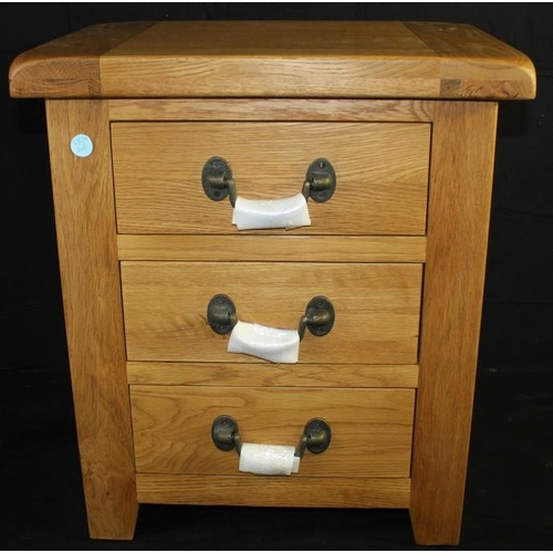 213 - PINE 3 DRAWER CABINET WITH BRASS EFFECT DROP HANDLES (65cm x 55cm)