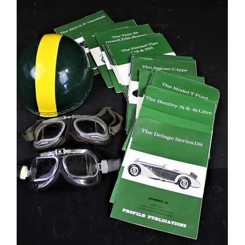 297 - SELECTION OF PROFILE PUBLICATIONS, RACING HELMET & 2 OLD STYLE RACING GOGGLES