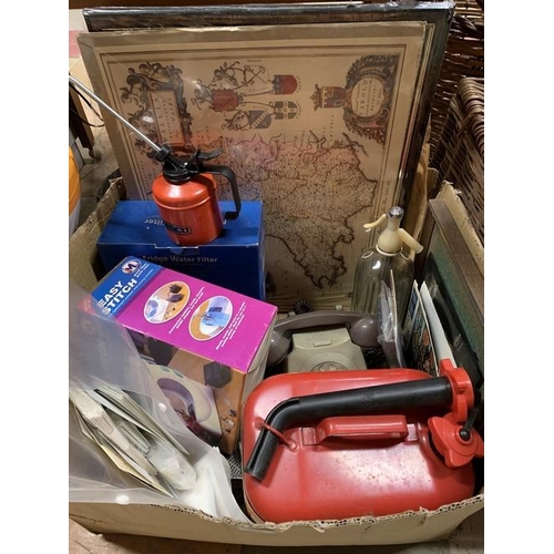 306 - BOX OF MISC, TELEPHONE, PETROL CAN, EASY STITCH ETC.